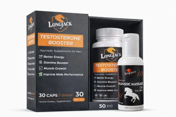 LongJack+ Mardana Wellness Combo – 30 Herbal Stamina Booster Capsules + 50ml Ayurvedic Massage Oil for Jaada Taakat aur Josh